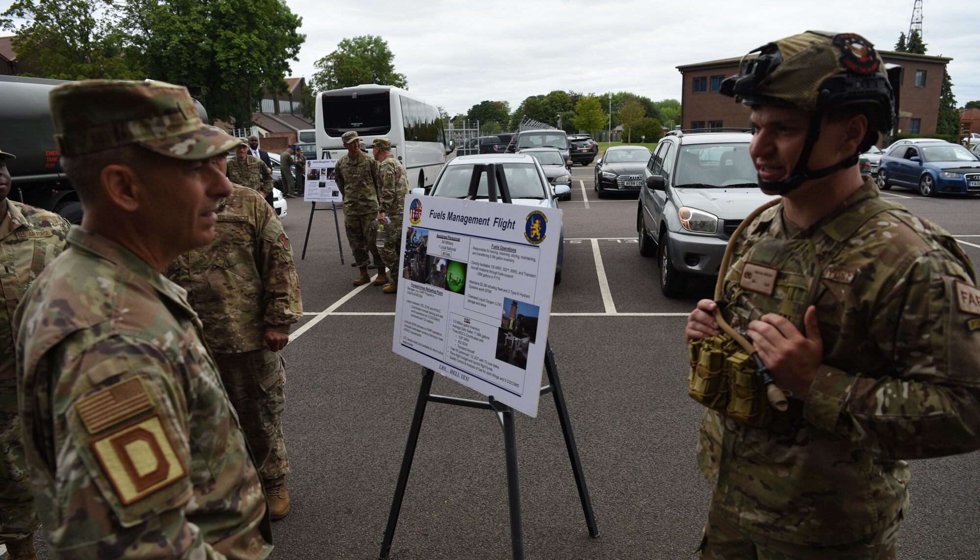 U.S. Air Force Gen. Jeff Harrigian, U.S. Air Forces in Europe – Air Forces Africa commander, receives a Forward Arming Refueling Point briefing from Senior Airman Tristian Wycuff, assigned to the 100th Air Refueling Wing, during a visit to RAF Mildenhall, England, July 15, 2019.