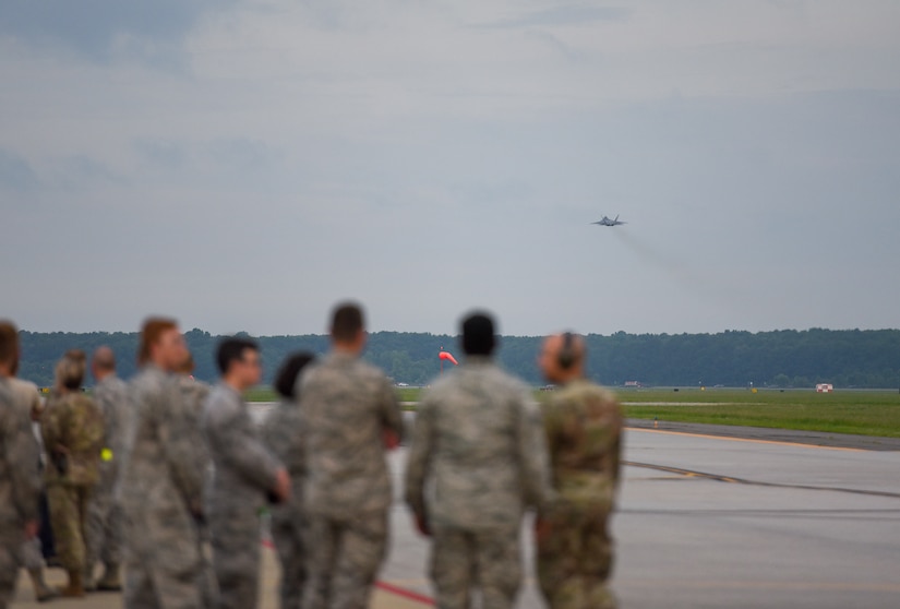 An F-22 Raptor from the 1st Fighter Wing, 27th Fighter Squadron takes off for a deployment to Al Udeid Air Base, Qatar, from Joint Base Langley-Eustis, Virginia. The F-22's deployed to Qatar for the first time in order to defend American forces and interests in the U.S. Central Command area of responsibility. (U.S. Air Force Photo by Airman First Class Monica Roybal)