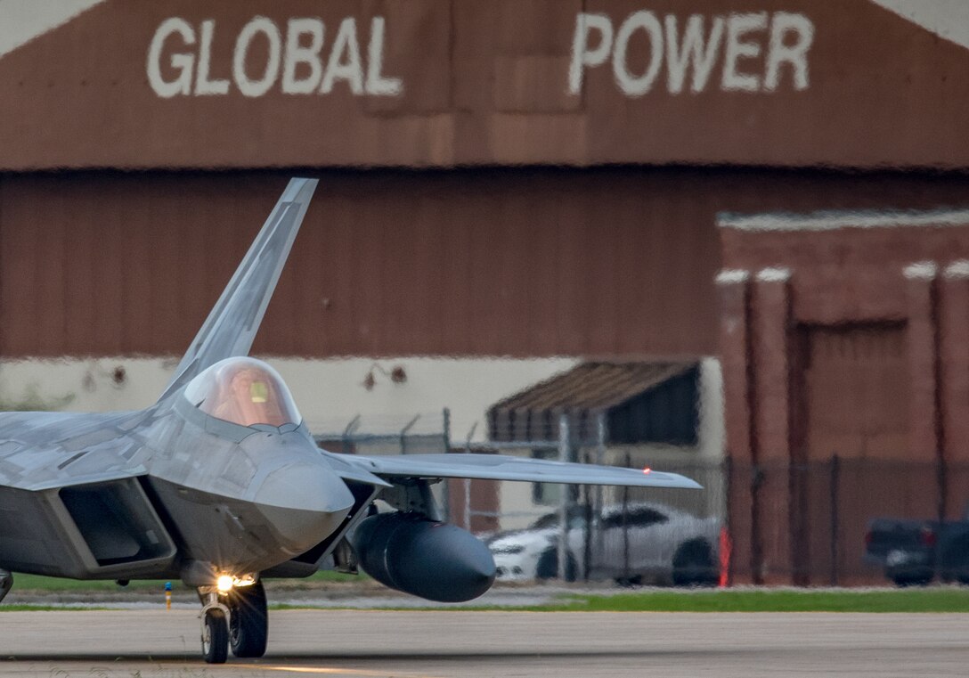 An F-22 Raptor from the 1st Fighter Wing, 27th Fighter Squadron prepare to take-off during a deployment to Al Udeid Air Base, Qatar, from Joint Base Langley-Eustis, Virginia. The F-22's deployed to Qatar for the first time in order to defend American forces and interests in the U.S. Central Command area of responsibility. (U.S. Air Force Photo by Tech Sgt. Carlin Leslie)