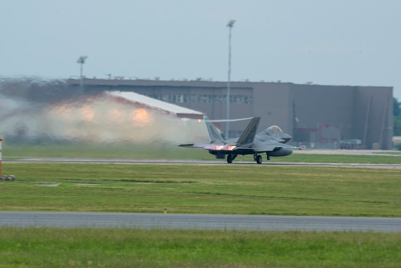 An F-22 Raptor from the 1st Fighter Wing, 27th Fighter Squadron prepare to takes-off during a deployment to Al Udeid Air Base, Qatar, from Joint Base Langley-Eustis, Virginia. The F-22's deployed to Qatar for the first time in order to defend American forces and interests in the U.S. Central Command area of responsibility. (U.S. Air Force Photo by Tech Sgt. Carlin Leslie)