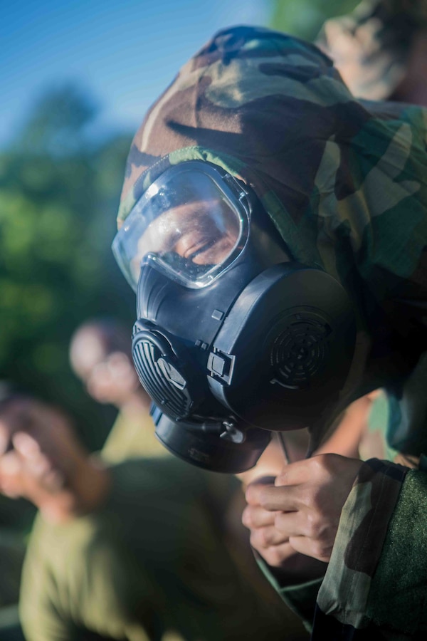 U.S. Marine Corps Lance Cpl. Brian Nguyen, a digital wideband repairman with Marine Wing Communications Squadron 48, Marine Air Control Group 48, 4th Marine Aircraft Wing, demonstrates how to properly seal a gas mask at Joliet Army Training Area, Elwood, Ill., July 15, 2019. MWCS-48 is conducting exercises ranging from rifle and pistol qualifications to land navigation to meet annual training requirements, as well as increase occupational proficiency. (U.S. Marine Corps photo by Lance Cpl. Preston L. Morris)