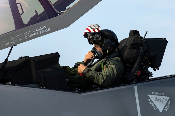 U.S. Air Force Capt. Joseph Walz, 421st Fighter Squadron F-35A Lightning II pilot, prepares to taxi during Operation Rapid Forge at Spangdahlem Air Base, Germany, July 18, 2019. The goal of the operation is to enhance interoperability with NATO allies and partners to improve combined operational capabilities. F-35s provide unmatched lethality, survivability, and adaptability to war-fighter aircraft. (U.S. Air Force photo by Airman 1st Class Valerie Seelye)
