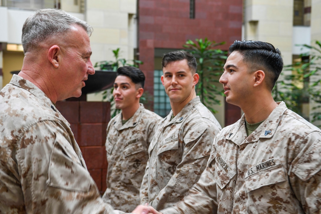 U.S. Marine Corps Gen. Kenneth F. McKenzie Jr., the commander of U.S. Central Command, visits the Marine Security Guard Detachment, U.S. Embassy, July 16, 2019. While touring the Central region, McKenzie met with forward deployed troops and reaffirmed the U.S. commitment to security and stability in the region. (U.S. Marine Corps photo by Sgt. Roderick Jacquote)