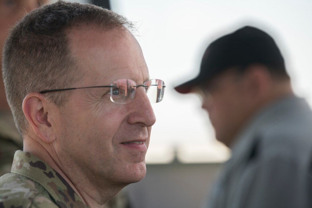 Lt. Gen. Jim Slife, Air Force Special Operations Command commander, looks out over Melrose Air Force Range, N.M., during an immersion tour July 15, 2019. Slife was shown around the facility to understand how Cannon's Air Commandos utilize it for training during a trip to Cannon Air Force Base, N.M. The following day, Slife toured privatized base housing to see where Air Commandos live. (U.S. Air Force photo by Senior Airman Vernon R. Walter III)