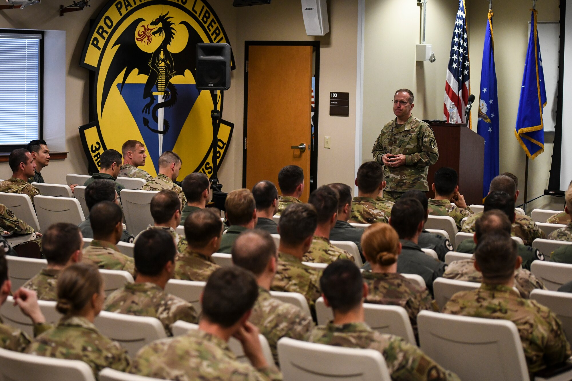 Lt. Gen. Jim Slife, Air Force Special Operations Command commander, speaks to a group of Airmen from Cannon Air Force Base, N.M., July 15, 2019. During his visit, Slife explained his goals for AFSOC during his command and took questions from the audience. During the second day of his trip, Slife toured the Remote Piloted Aircraft Operations Center and the 26th Special Tactics Squadron to see the mission and the Airmen that perform it firsthand. (U.S. Air Force photo by Senior Airman Lane T. Plummer)