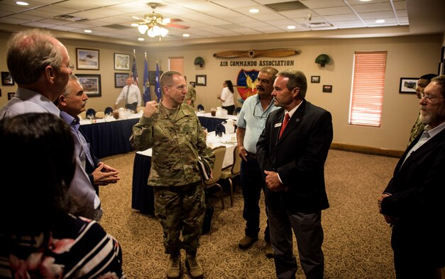 Lt. Gen. Jim Slife, Air Force Special Operations Command commander, meets with local and state civic leaders at Cannon Air Force Base, N.M., July 15, 2019.  The meeting was part of Slife's first visit to Cannon since assuming command of AFSOC in June.  During the visit he toured the installation, held professional development for both officers and enlisted, and oversaw the change of command for the 27th Special Operations Wing.  (U.S. Air Force photo by Master Sgt. Christopher Marasky)