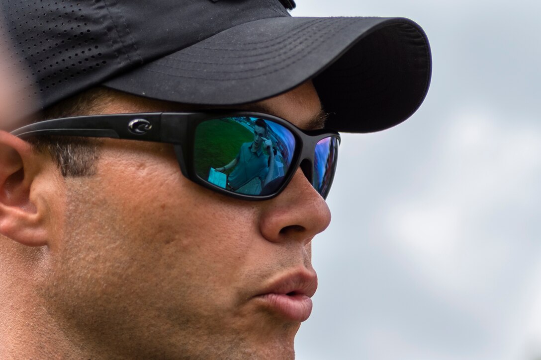 A Georgia State patrolman talks with a security forces investigator during the DUI Detection and Standardized Field Sobriety Testing course, July 17, 2019, at Moody Air Force Base, Ga. The 23d Security Forces Squadron Airmen and local law enforcement officers attended the course from July 16 to July 18. The class is designed to teach Airmen the signs and dangers of alcohol and drug impaired drivers and how to administer field sobriety test to alcohol-impaired subjects. (U.S. Air Force photo by Airman 1st Class Taryn Butler)