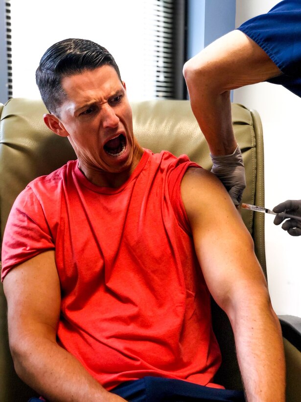 Maj. Matt Tucker, 33rd Fighter Wing F-35A pilot, poses while getting a shot at Georgetown University Hospital, Washington D.C. Donors doing a peripheral blood stem cell (PBSC) donation must receive two shots daily for five days before their donation day to boost their immune system.