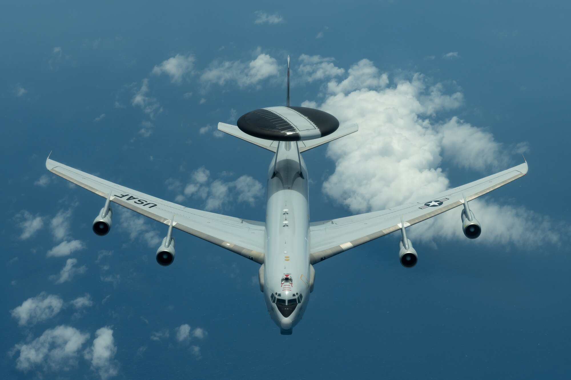 An E-3 Sentry from the 961st Airborne Air Control Squadron flies during a training exercise July 10, 2019, out of Kadena Air Base, Japan. The Sentry provides all-weather surveillance, command, control, and communications in support of a free and open Indo-Pacific. (U.S. Air Force photo by Airman 1st Class Matthew Seefeldt)