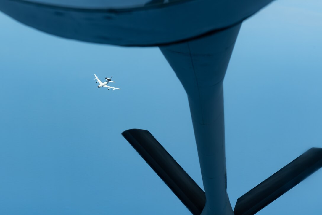 An E-3 Sentry from the 961st Airborne Air Control Squadron prepares to refuel with a KC-135 Stratotanker from the 909th Air Refueling Squadron July 10, 2019, during a training exercise out of Kadena Air Base, Japan. The Sentry provides all-weather surveillance, command, control, and communications in support of a free and open Indo-Pacific. (U.S. Air Force photo by Airman 1st Class Matthew Seefeldt)