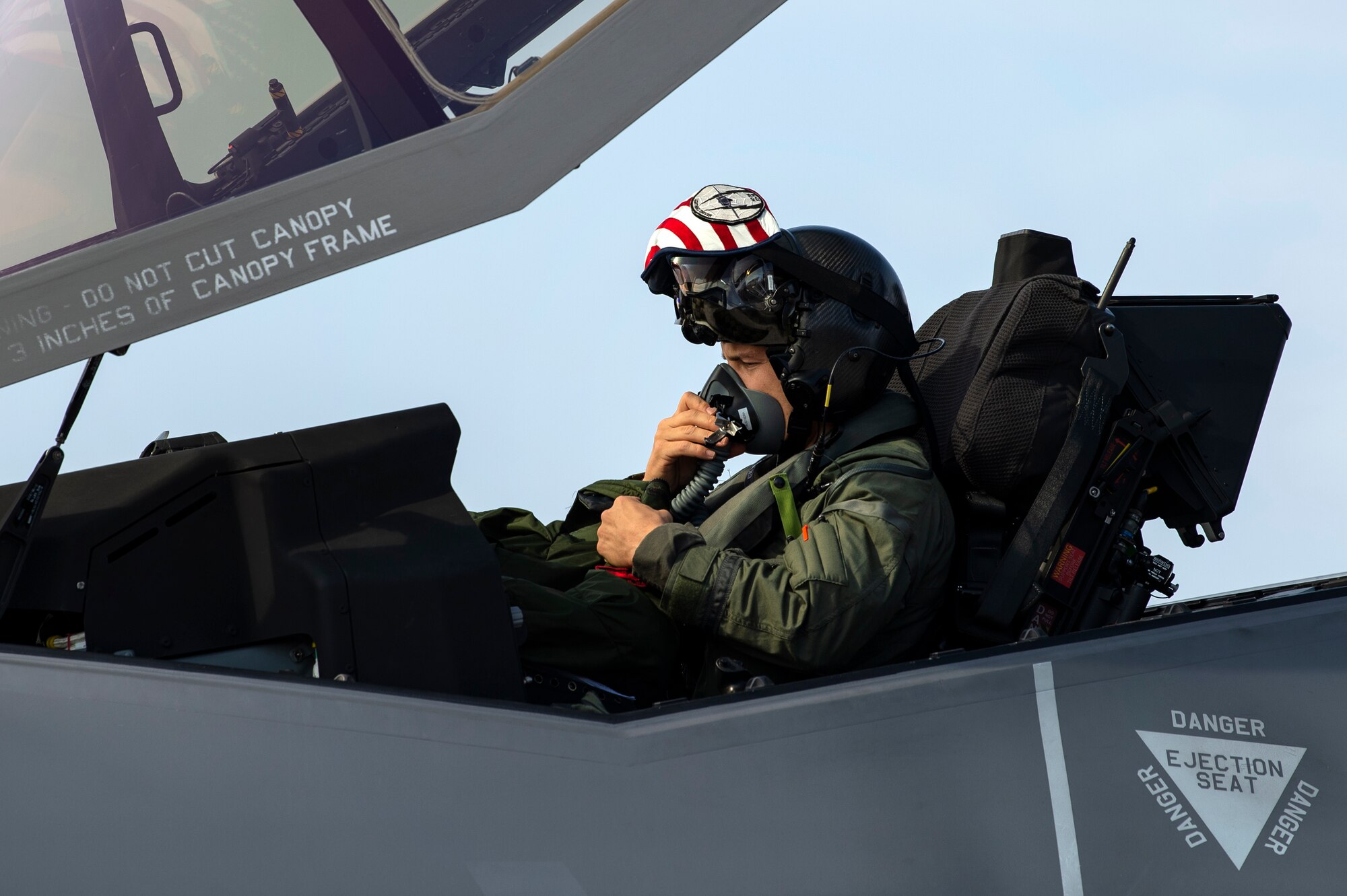 U.S. Air Force Capt. Joseph Walz, 421st Fighter Squadron F-35A Lightning II pilot, prepares to taxi during Operation Rapid Forge at Spangdahlem Air Base, Germany, July 18, 2019. The goal of the operation is to enhance interoperability with NATO allies and partners to improve combined operational capabilities. F-35s provide unmatched lethality, survivability, and adaptability to war-fighter aircraft. (U.S. Air Force photo by Airman 1st Class Valerie Seelye)