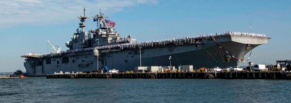 Kearsarge returns to Naval Station Norfolk after the Kearsarge Amphibious Ready Group's (ARG) scheduled seven-month deployment in support of maritime security operations and theater security cooperation efforts in the U.S. 5th and 6th Fleet areas of operation.