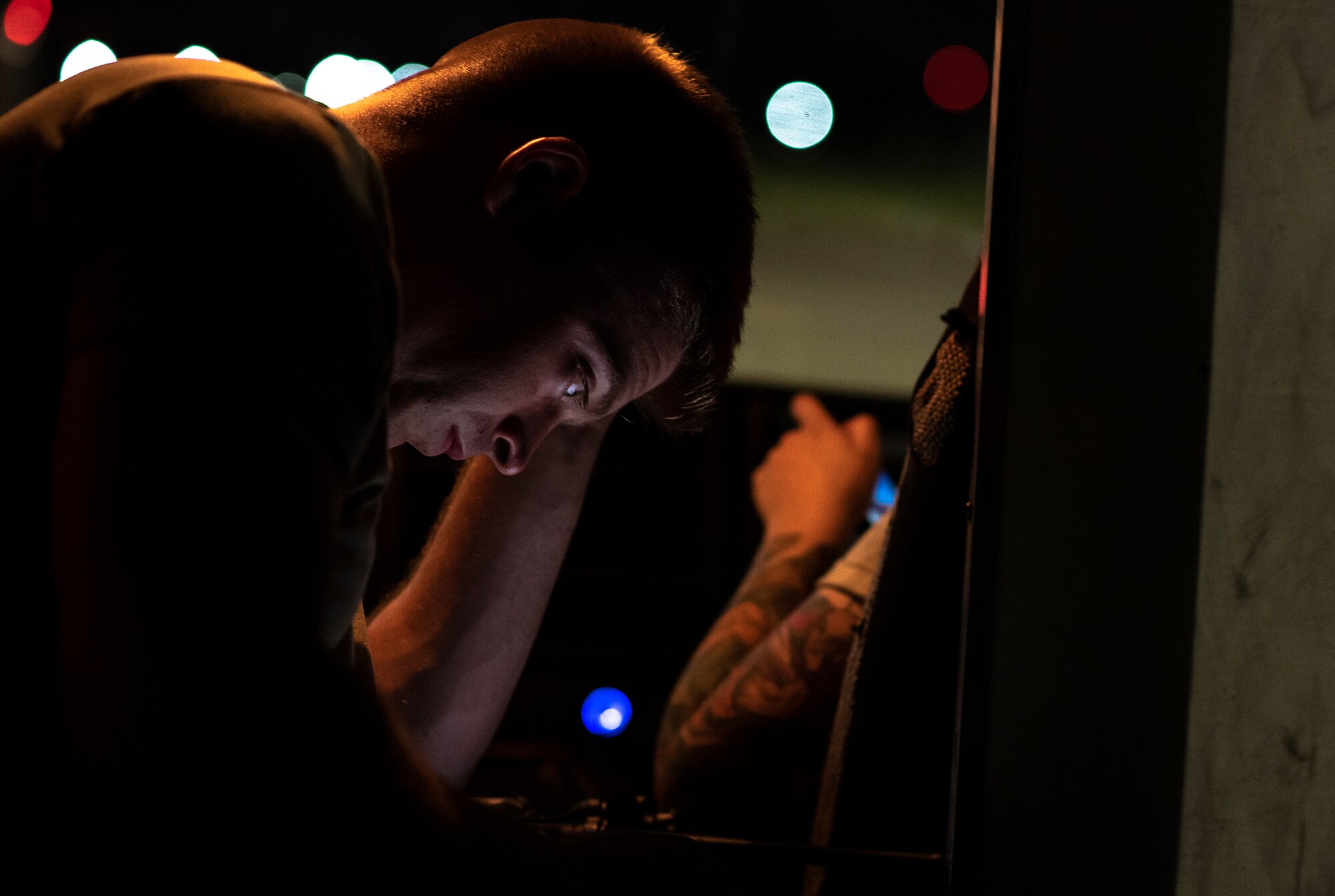 U.S. Air Force Staff Sgt. Andrew Giordano, 20th Aircraft Maintenance Squadron dedicated crew chief, reviews a technical order at Shaw Air Force Base, South Carolina, July 12, 2019.
