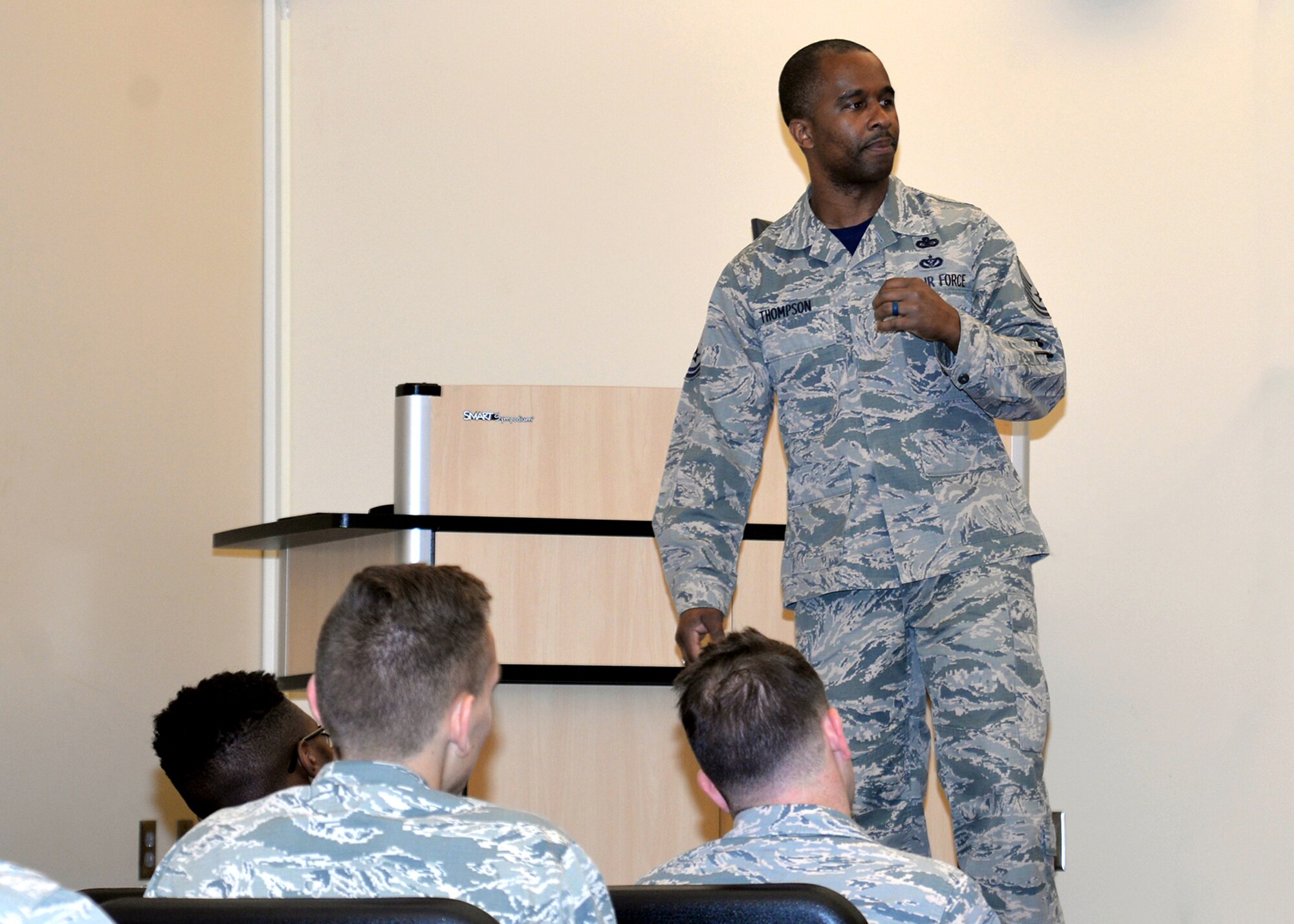 Senior Master Sgt. Anthony Thompson Jr., 55th Force Support Squadron career assistance advisor, speaks with Airmen about ethics at the conclusion of the First Term Airmen’s Center course, which is an introductory course for Airmen when they arrive at their first duty station.