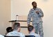 Senior Master Sgt. Anthony Thompson Jr., 55th Force Support Squadron career assistance advisor, speaks with Airmen about ethics at the conclusion of the First Term Airmen’s Center course, which is an introductory course for Airmen when they arrive at their first duty station.