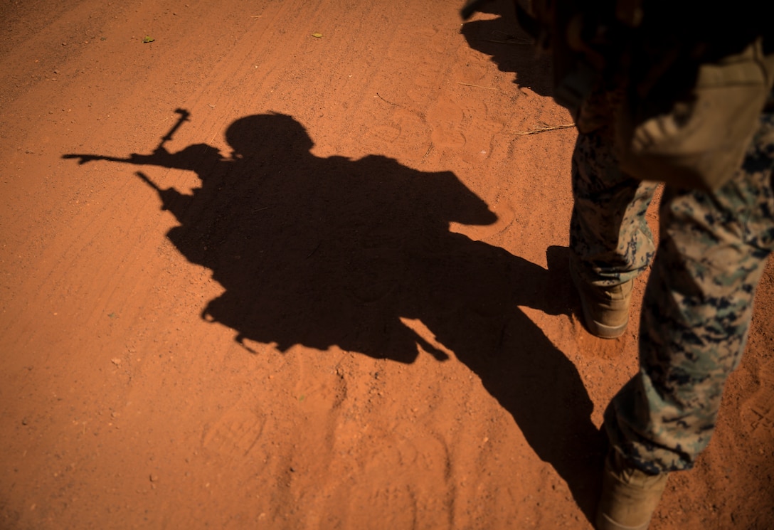 A U.S. Marine with the Ground Combat Element, Marine Rotational Force – Darwin, patrols as part of a Small Unit Leadership Evaluation during notional training at Robertson Barracks, Darwin, Australia, July 18, 2019. SULEs allow Marines with the Combined Anti-Armor Team to advance their battle skills by operating in leadership positions.