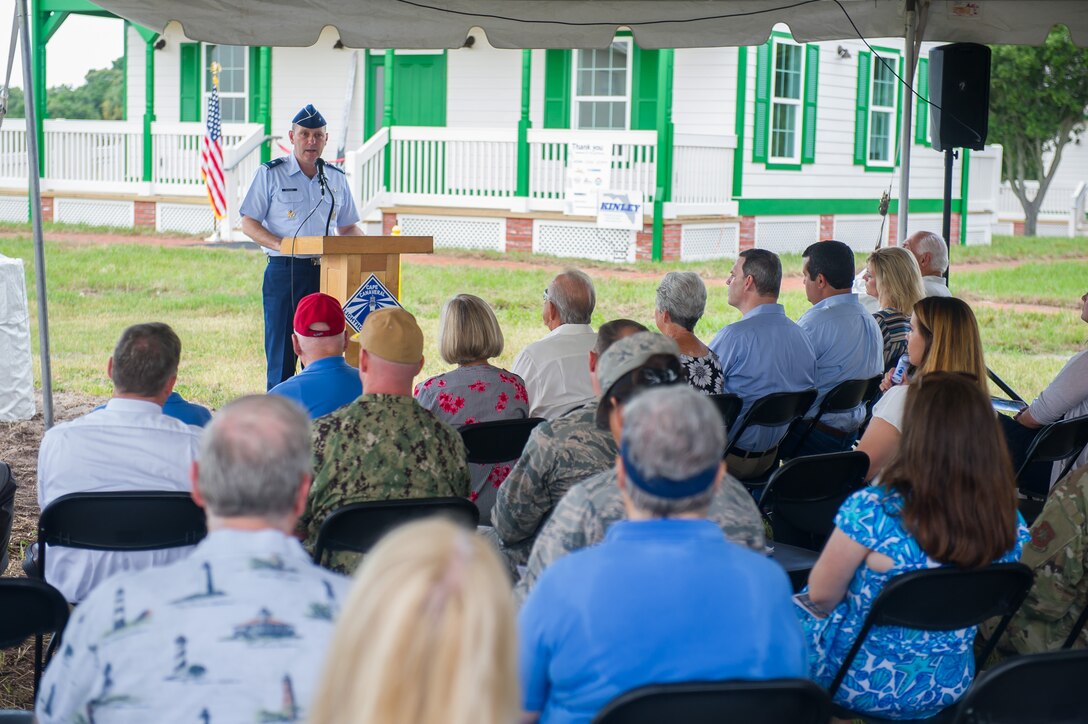 Brig. Gen. Douglas A. Schiess, 45th Space Wing Commander, addresses attendees at the Cape Canaveral Light House Keeper’s Cottage and Museum Ribbon Cutting Ceremony at Cape Canaveral Air Force Station, Fla., July 18, 2019. The 45th Space Wing assists in preserving, protecting and interpreting the Cape Canaveral Lighthouse and its historical significance to the Space Coast, State of Florida and the United States of America.
