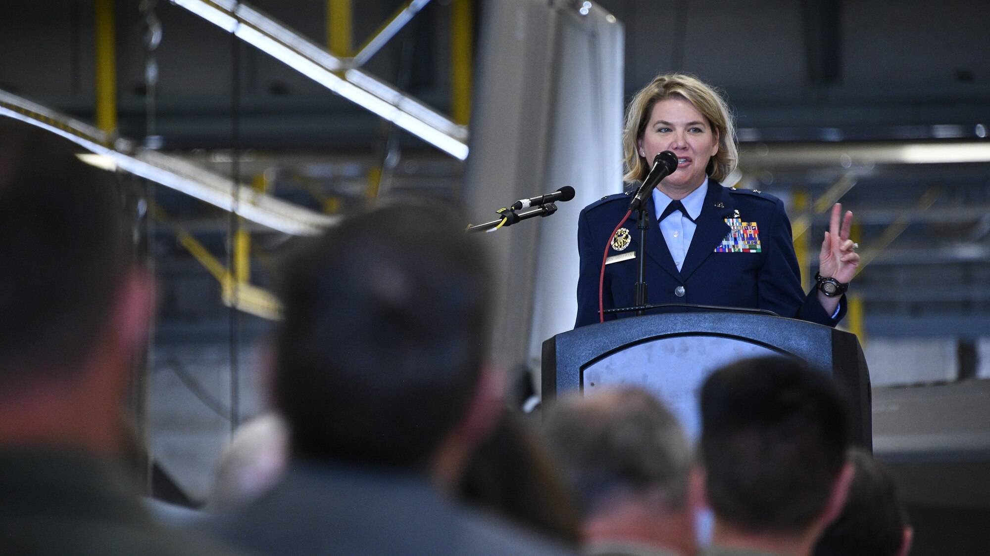 Brig. Gen. C. McCauley von Hoffman, incoming commander of the Ogden Air Logistics Complex, speaks during a change of command ceremony July 19, 2019, at Hill Air Force Base, Utah.