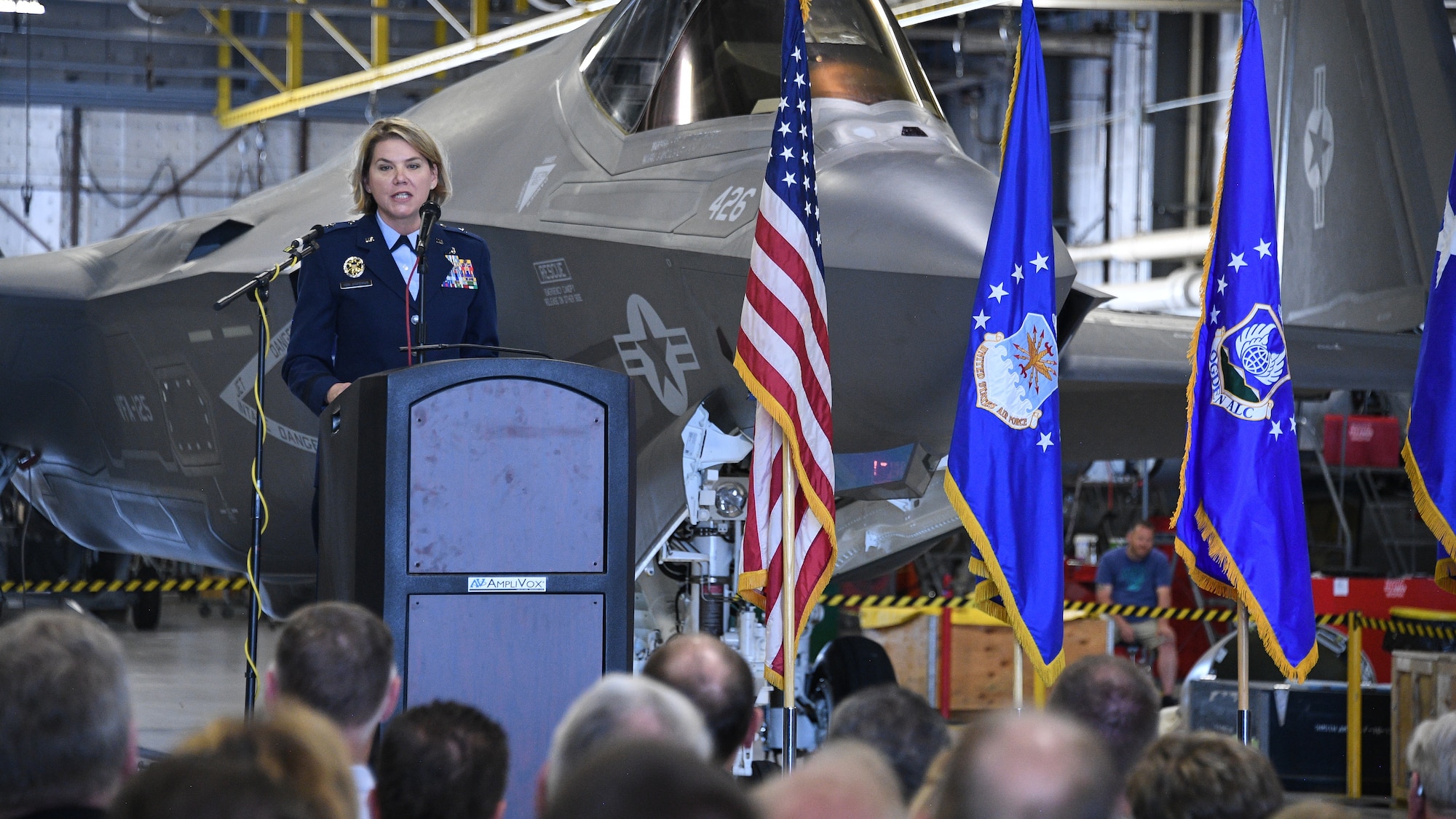 Brig. Gen. C. McCauley von Hoffman, incoming commander of the Ogden Air Logistics Complex, speaks during a change of command ceremony July 19, 2019, at Hill Air Force Base, Utah.