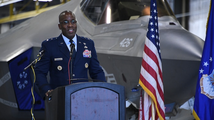 Maj. Gen. Stacey T. Hawkins, outgoing commander of the Ogden Air Logistics Complex, speaks during a change of command ceremony July 19, 2019, at Hill Air Force Base, Utah.