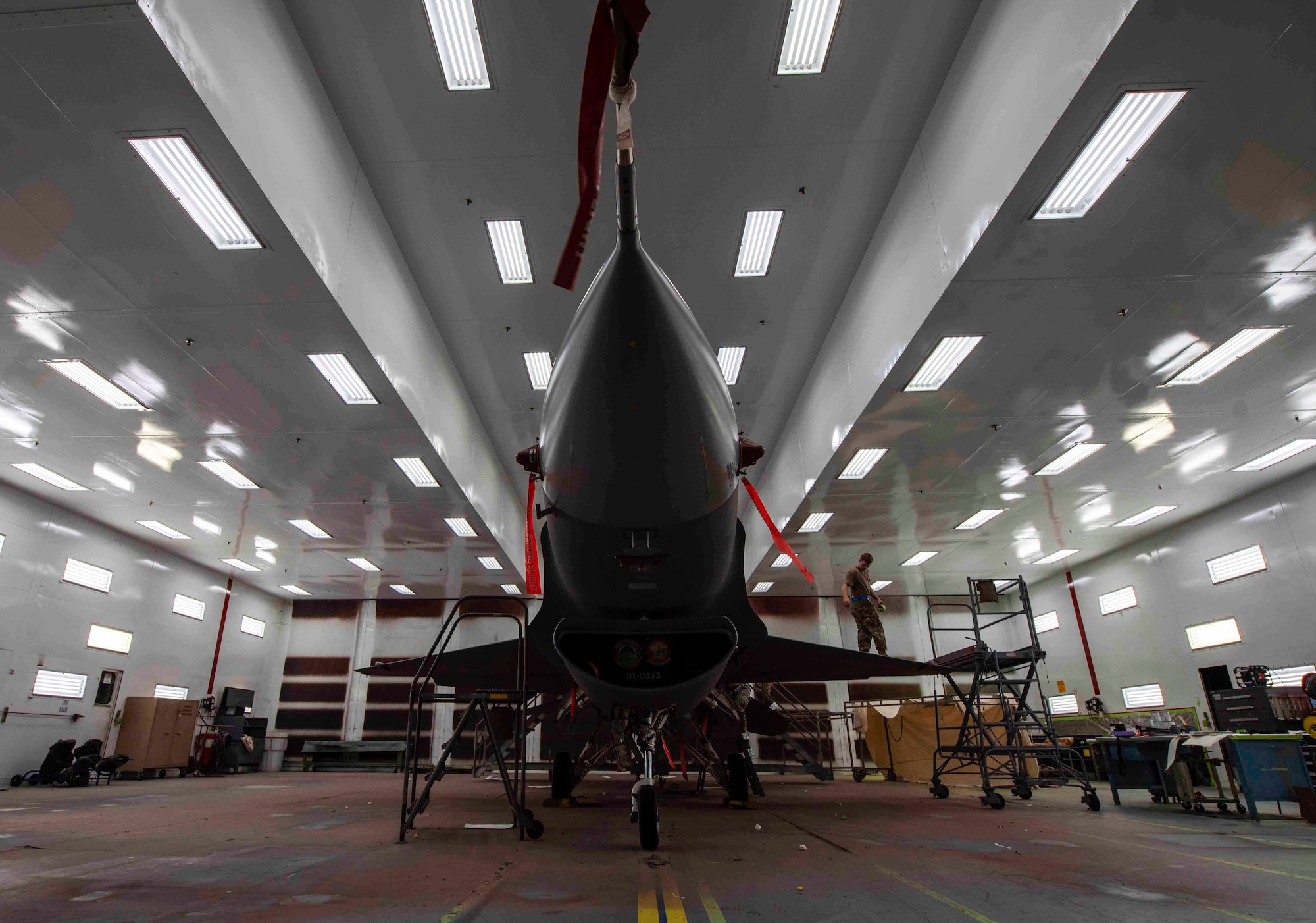 The 77th Fighter Squadron’s F-16CM Viper flagship is parked in the paint shop at the 20th Equipment Maintenance Squadron’s paint booth at Shaw Air Force Base, South Carolina, June 20, 2019.
