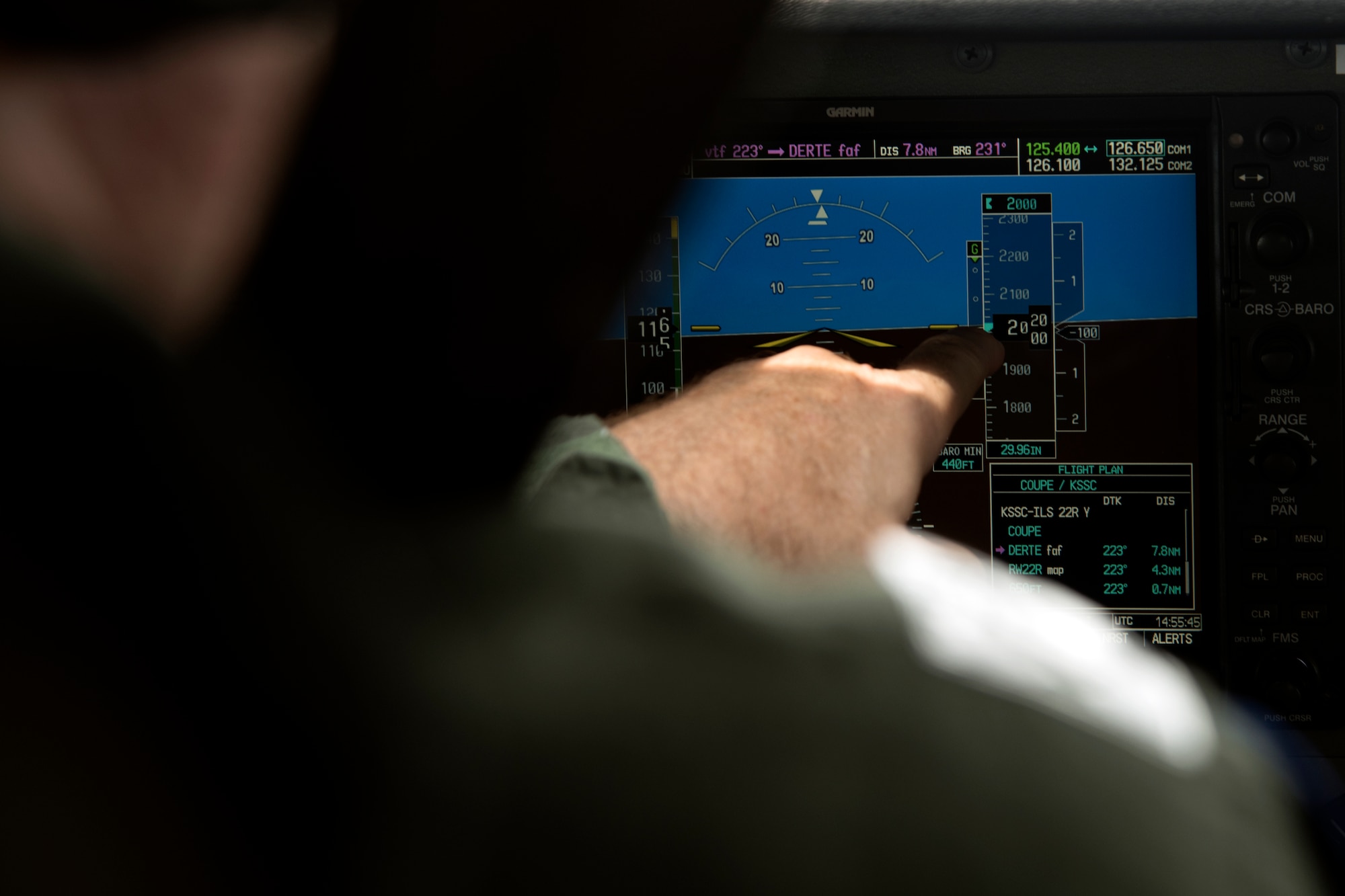 Civil Air Patrol (CAP) Lt. Col. Brett Grooms, pilot, points out details on flight instruments while flying his aircraft near Shaw Air Force Base, South Carolina, July 12, 2019.