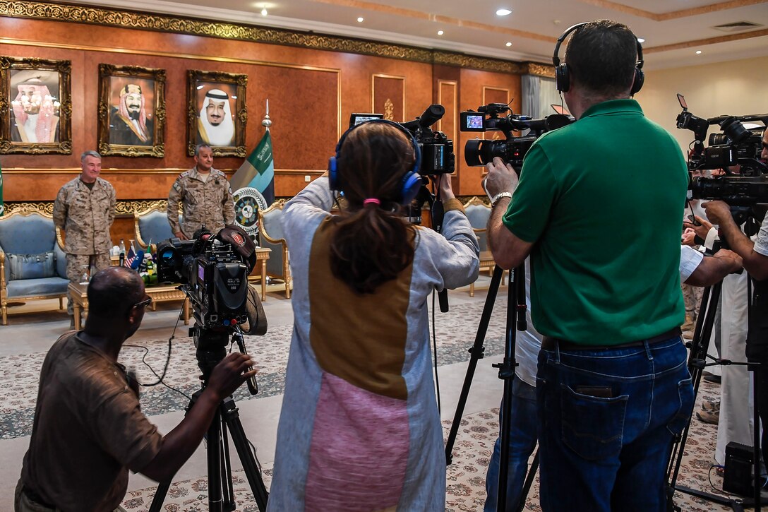 U.S. Marine Corps Gen. Kenneth F. McKenzie Jr., the commander of U.S. Central Command, and Lt. Gen. Fahd Bin Turki bin Abdulaziz al-Saud, commander of the Saudi-led coalition forces in Yemen, hold a press conference, July 18, 2019. While visiting the Central region, McKenzie met with forward deployed troops and key allied leaders and reaffirmed the U.S. commitment to security and stability in the region. (U.S. Marine Corps photo by Sgt. Roderick Jacquote)