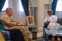U.S. Marine Corps Gen. Kenneth F. McKenzie Jr., the commander of U.S. Central Command, left, talks with His Excellency Mohammed Al Rasbi, Secretary General of the Ministry of Defense of Oman, on Muaskar Al Murtafa Base, July 17, 2019. While visiting the Central region, McKenzie met with forward deployed troops and key allied leaders and reaffirmed the U.S. commitment to security and stability in the region. (U.S. Marine Corps photo by Sgt. Roderick Jacquote)