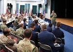 Rear Adm. Curt Renshaw, deputy commander, U.S. Naval Forces Central Command, addresses senior military leadership from countries participating in International Maritime Exercise (IMX) 19 during the IMX 19 final planning conference. IMX 19 is the world's most inclusive maritime exercise, designed to strengthen relationships, foster interoperability among supporting forces, and enhance maritime security operations, mine countermeasures (MCM), and maritime infrastructure capabilities in the U.S. 5th Fleet area of operations. (U.S. Navy photo by Mass Communication Specialist 1st Class Jason Abrams/Released)