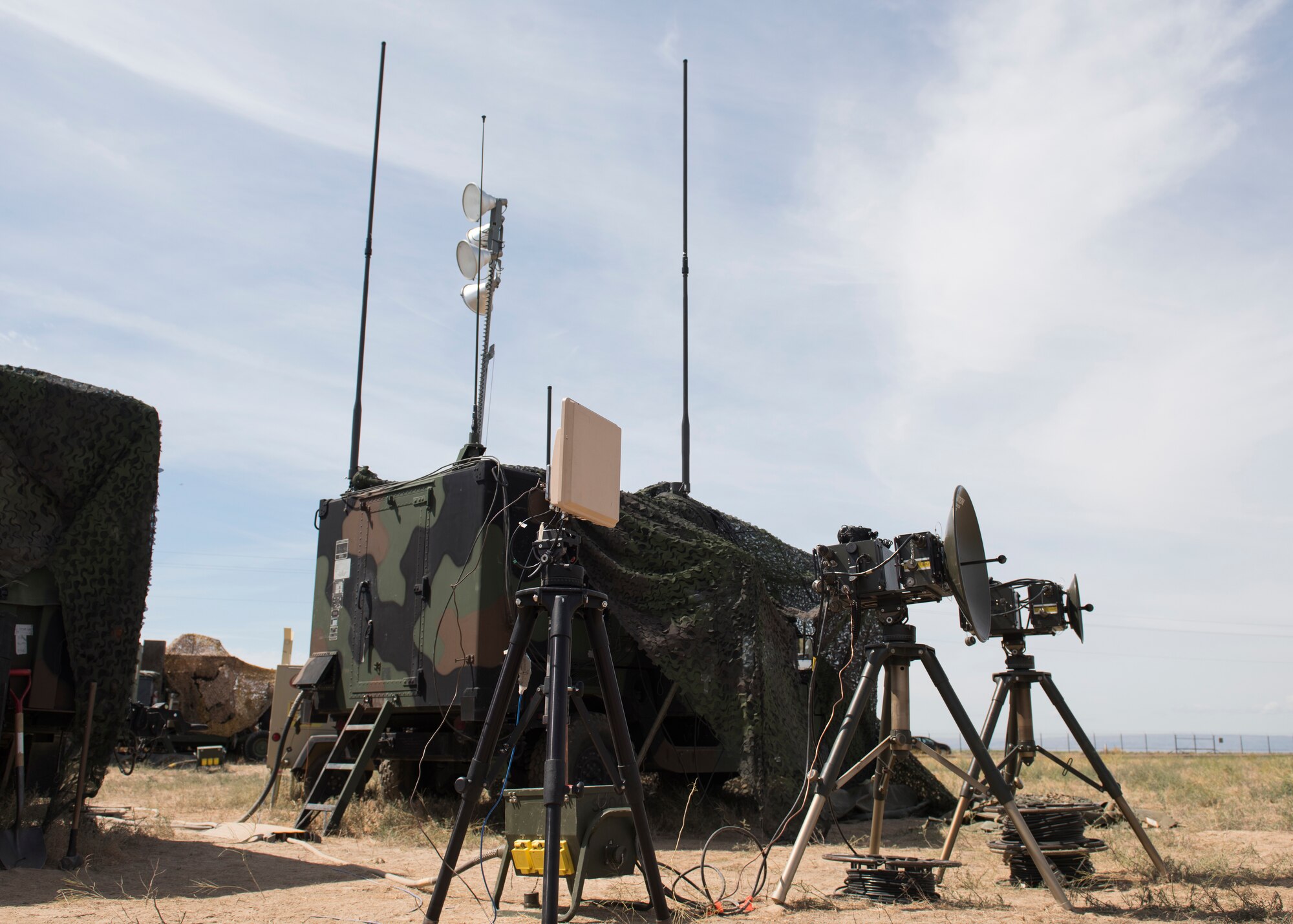 Tropo Satellite Support Radios (TSSR) during the 726th Hardrock Exercise 19-2 July 16, 2019, at Mountain Home Air Force Base, Idaho. The TSSR units are used for short range communication for distances within the line of site. (U.S. Air Force photo by Senior Airman Tyrell Hall)