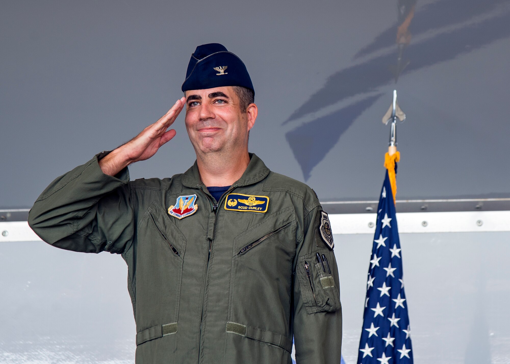 Col. Michael Curley, 23d Fighter Group (FG) commander, renders a final salute to the Airmen of the 23d FG during a change of command ceremony, July 19, 2019, at Moody Air Force Base, Ga. The 23d FG is the Air Force’s largest A-10C Thunderbolt II fighter group that consists of two combat ready A-10C squadrons and an operation support squadron. Curley will be retiring today after more than 24 years of service to the nation and the Air Force. (U.S. Air Force photo by Airman 1st Class Eugene Oliver)