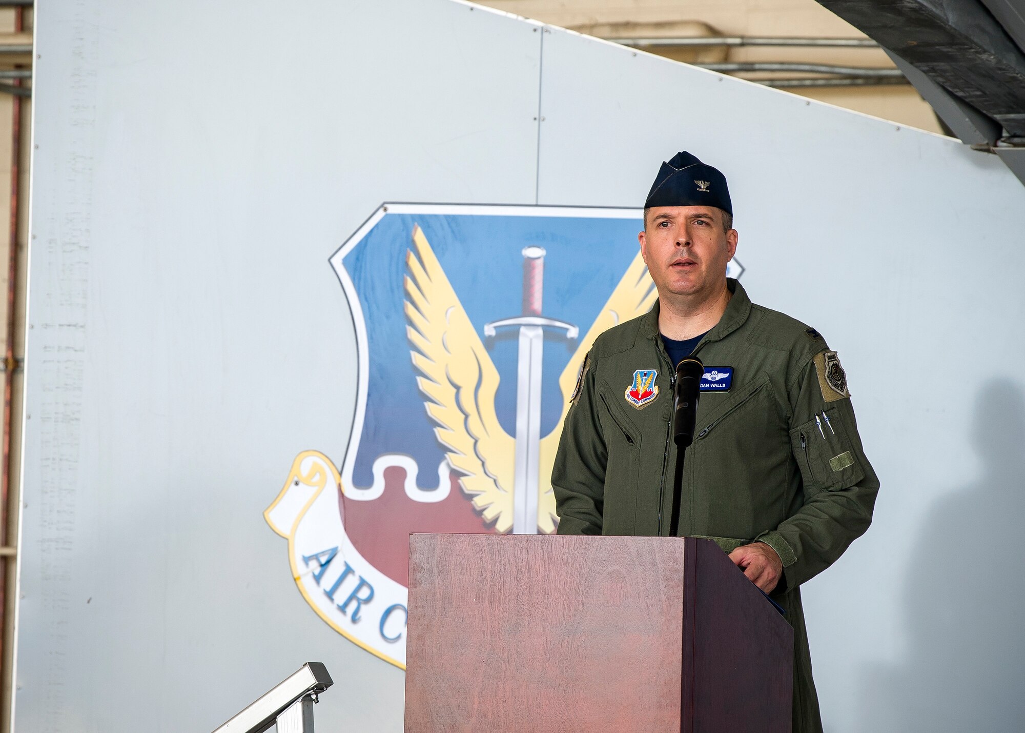 Col. Daniel Walls, 23d Wing commander, speaks during a change of command ceremony, July 19, 2019, at Moody Air Force Base, Ga. The ceremony is a military tradition that represents a formal transfer of unit’s authority and responsibility from one commander to another. (U.S. Air Force photo by Airman 1st Class Eugene Oliver)
