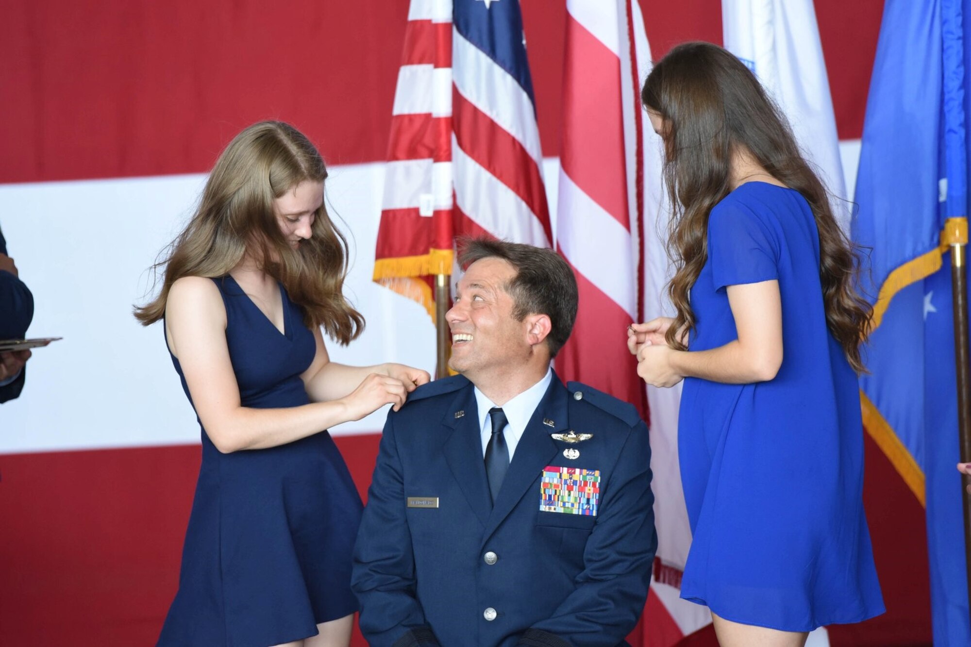 Left to right: Daughter Laura Kolasi; Brig. Gen. Mark A. Maldonado; Daughter Sarah Maldonado
(U.S. Air National Guard photo by Senior Master Sgt. Craig Clapper)