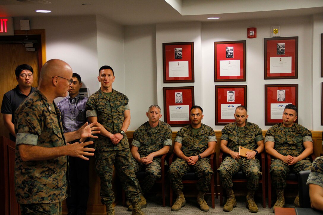 CAMP HUMPHREYS, Republic of Korea – U. S. Navy Capt Jon Conroe, chaplain for Marine Corps Installations Pacific, speaks to Marines of Marine Forces Korea, here, July 16. During his talk, Conroe spoke of the storied history of Marines in Korea and the importance of taking charge of one’s life, regardless of circumstance. Conroe’s visit to MARFORK was part of a larger visit to major and subordinate commands in Korea. (U.S. Marine Corps photo by 1st Lt. Edward Pingel)