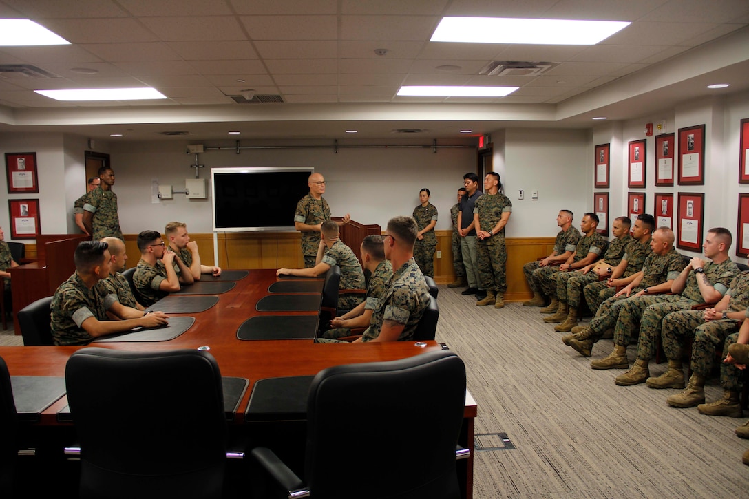 CAMP HUMPHREYS, Republic of Korea – U. S. Navy Capt Jon Conroe, chaplain for Marine Corps Installations Pacific, speaks to Marines of Marine Forces Korea, here, July 16. During his talk, Conroe spoke of the storied history of Marines in Korea and the importance of taking charge of one’s life, regardless of circumstance. Conroe’s visit to MARFORK was part of a larger visit to major and subordinate commands in Korea. (U.S. Marine Corps photo by 1st Lt. Edward Pingel)