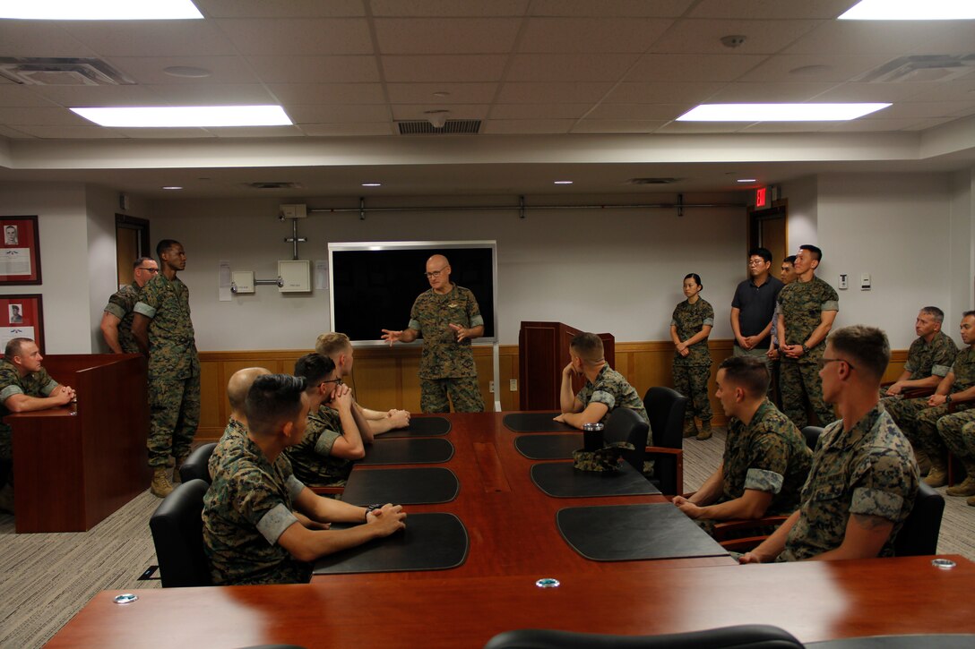 CAMP HUMPHREYS, Republic of Korea – U. S. Navy Capt Jon Conroe, chaplain for Marine Corps Installations Pacific, speaks to Marines of Marine Forces Korea, here, July 16. During his talk, Conroe spoke of the storied history of Marines in Korea and the importance of taking charge of one’s life, regardless of circumstance. Conroe’s visit to MARFORK was part of a larger visit to major and subordinate commands in Korea. (U.S. Marine Corps photo by 1st Lt. Edward Pingel)