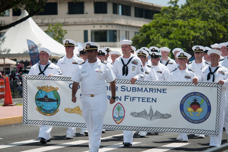 190721-N-AY639-0012 AGANA, Guam (July 21, 2019) Sailors from Commander, Submarine Squadron Fifteen march during the annual Guam Liberation Day Parade, July 21. The celebration commemorates the 75th anniversary of the liberation of Guam from Japanese occupation by U.S. forces during World War II.