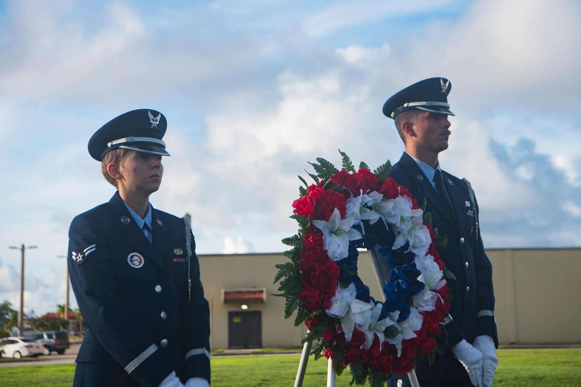 Airmen from the Blue Knights honor guard team participate in the RAIDR 21 memorial ceremony July 21, 2019 at Andersen Air Force Base, Guam.