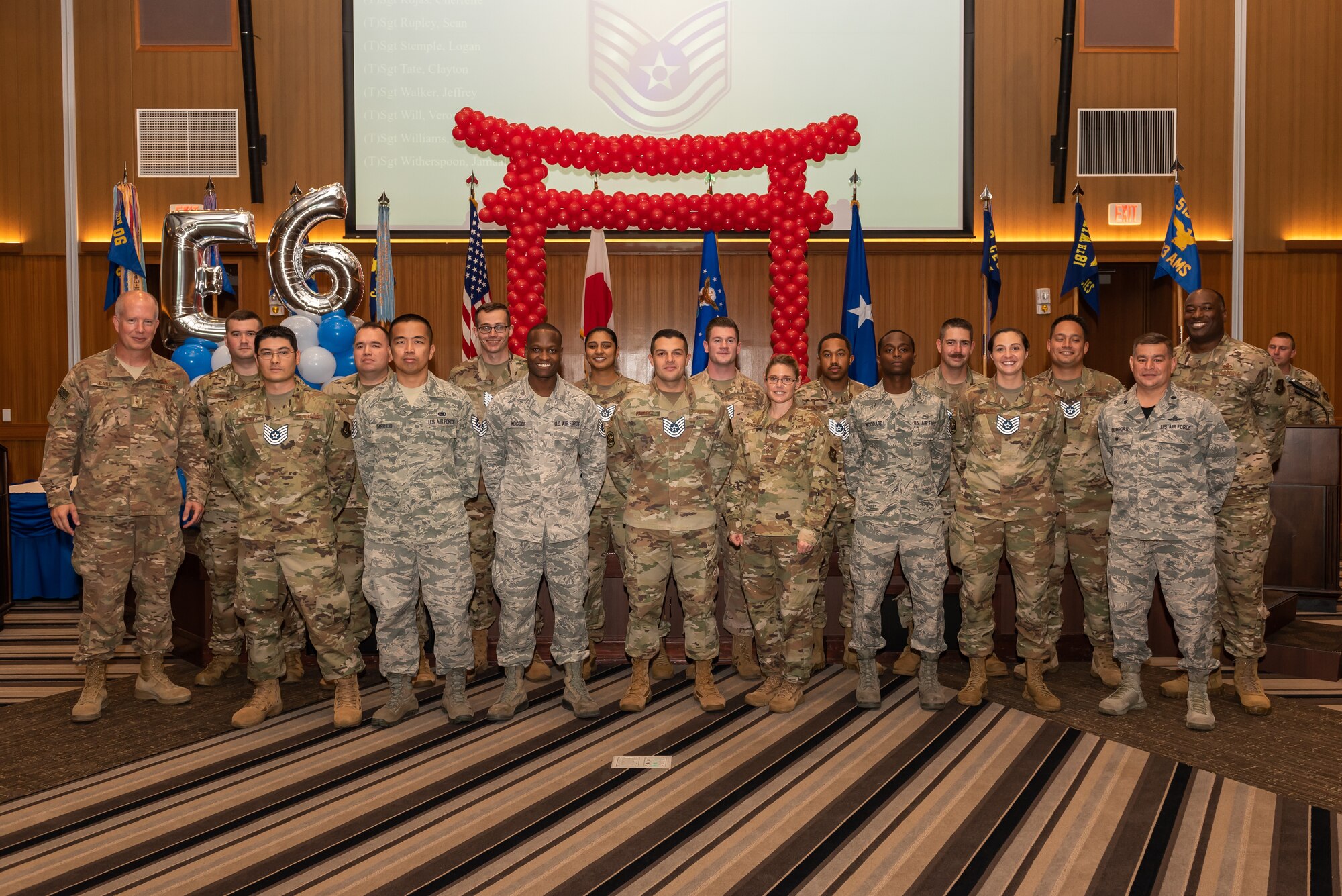 More than 250 staff sergeants from around the 18th Wing celebrate their promotion to technical sergeant on Kadena Air Base, July 19, 2019. The promotees are charged with being their organizations’ technical experts, and must continuously strive to further their development as technicians, supervisors and leaders through on- and off-duty professional development opportunities. They are responsible for their subordinates’ development and the effective accomplishment of all assigned tasks. They must ensure proper and effective use of all resources under their control to ensure the mission is effectively and efficiently accomplished. (U.S. Air Force photo by Airman 1st Class Matthew Seefeldt)