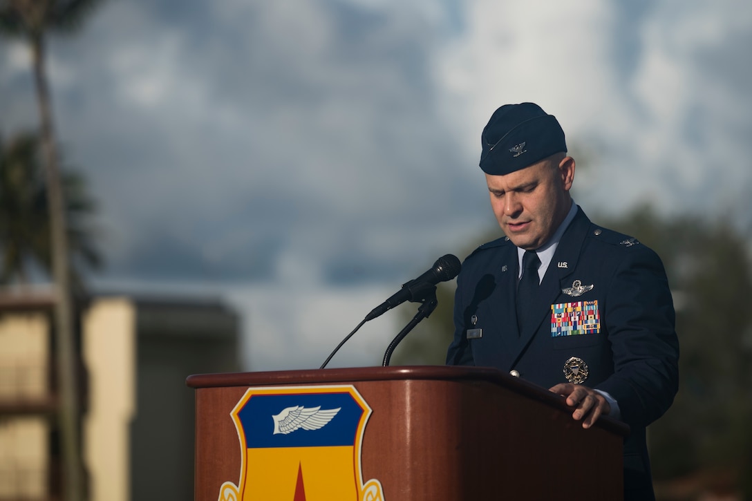 Col. Joseph Sheffield, 36th Operations Group commander, gives a speech during the RAIDR 21 memorial July 21, 2019 at Andersen Air Force Base, Guam.