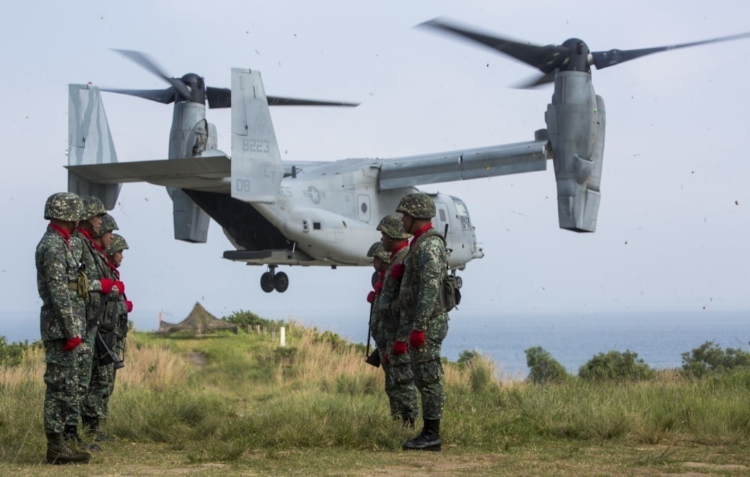 A U.S. Marine Corps MV-22 Osprey assigned to Marine Medium Tiltrotor Squadron 262 attached to the 31st Marine Expeditionary Unit, III Marine Expeditionary Force, takes off from Marine Barracks Gregorio Lim during exercise KAMANDAG 2 at Ternate, Philippines on Oct. 7, 2018. KAMANDAG 2 is an exercise that helps maintain a high level of readiness and enhances combined military-to-military relations and capabilities. (Marine Corps Photo by Cpl. Christian J. Lopez)