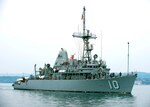 The Avenger-class mine countermeasures ship USS Warrior (MCM 10) pulls into Commander, Fleet Activities Sasebo. Warrior traveled from Bahrain by heavy-lift transport ship to replace ex-Guardian (MCM 5).