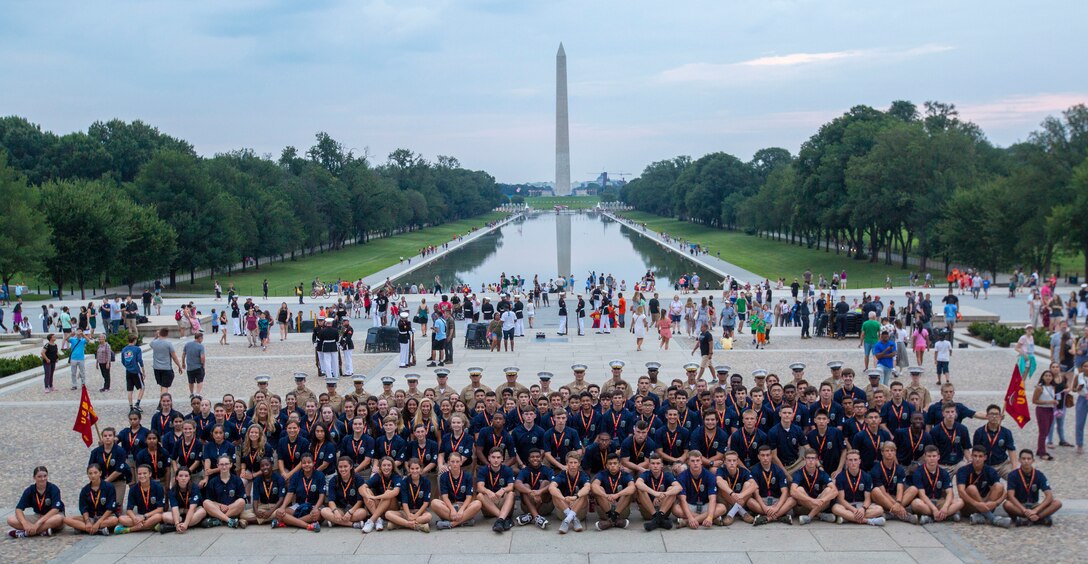 Summer Leadership and Character Development Academy students pose for a group photo on the steps of the Lincoln Memorial during Marine Corps Recruiting Command’s 2019 Summer Leadership and Character Development Academy (SLCDA) in Washington, D.C., July 16, 2019. The Summer Leadership and Character Development Academy is designed to challenge high school students to step outside of their comfort zones and strengthen their confidence and leadership skills while immersing them in Marine Corps culture. The goal of the academy is to return students back to their communities more confident, selfless and better equipped to improve the lives of those around them. (U.S. Marine Corps photo by Cpl. Servante R. Coba)