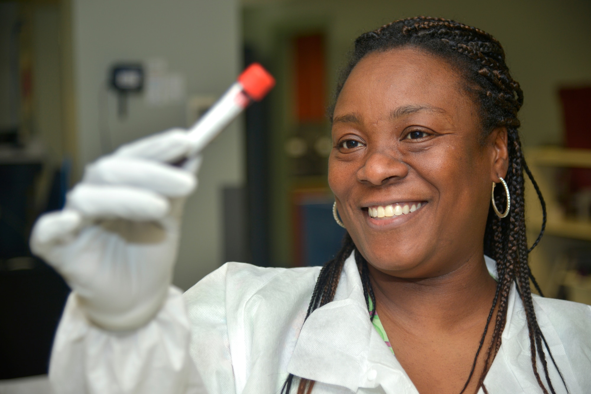 Tarissa Brown, 81st Diagnostics Therapeutics Squadron lab technician, processes blood at the Blood Donor Center at Keesler Air Force Base, Mississippi, July 16, 2019. The Keesler Blood Donor Center provides blood to deployed service members. (U.S. Air Force photo by Airman Seth Haddix)