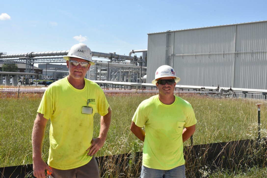 Two contractors working on a construction project at Arnold Air Force Base are credited with recently saving the life of a co-worker by performing CPR when the man went into cardiac arrest. The contractors are with Morsey Constructors. One of them, Robert Hart, left, poses for a photo with crew superintendent Ashley Koepp. (U.S. Air Force photo by Bradley Hicks) (Image was altered by obscuring badges for security purposes.)
