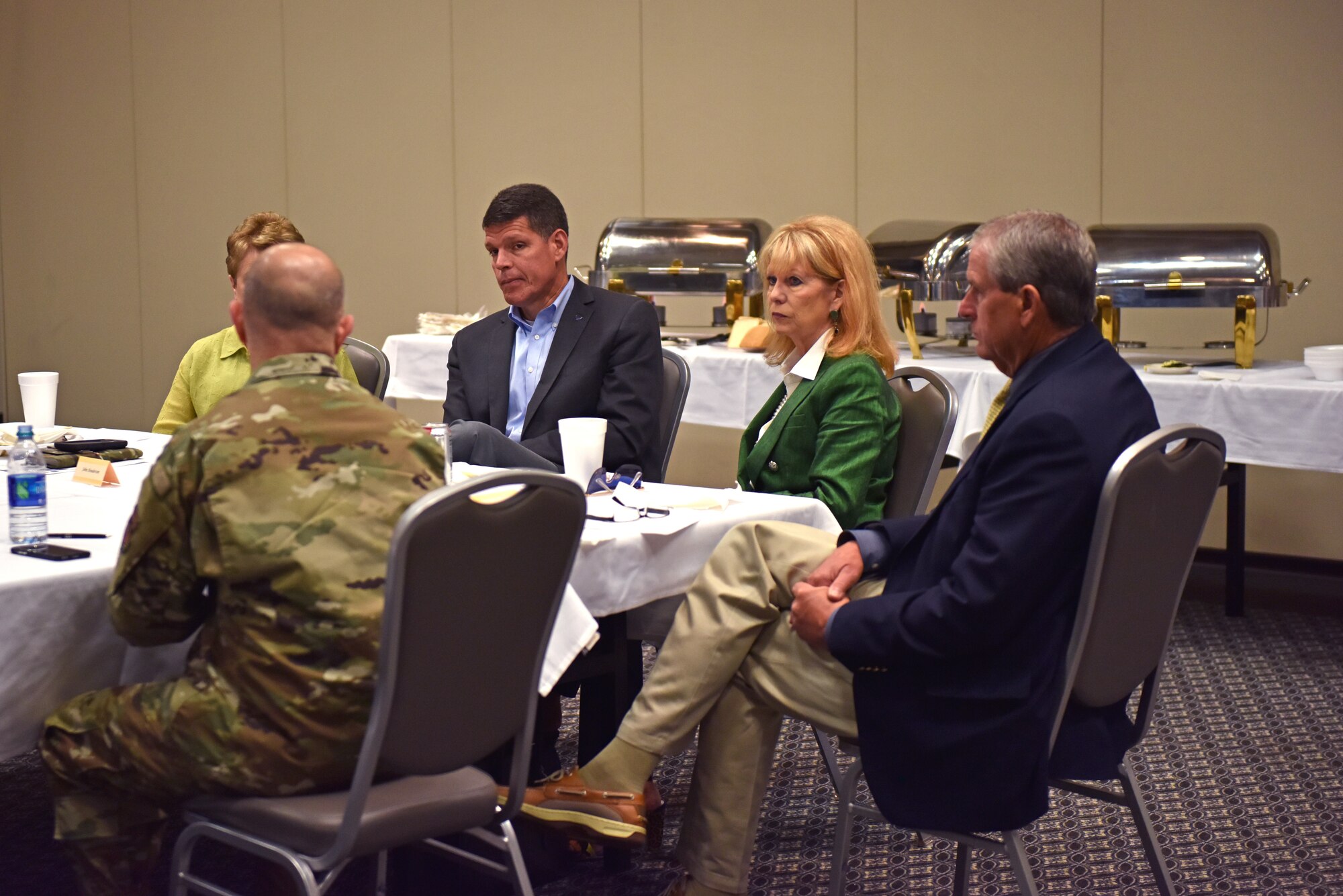 The Honorable John W. Henderson, Assistant Secretary of the Air Force for Installations, Environment and Energy, speaks with civic leaders of San Angelo during his visit to Goodfellow Air Force Base, Texas, July 16, 2019. Henderson learned more about the various partnerships that San Angelo and Goodfellow share. (U.S. Air Force photo by Senior Airman Seraiah Wolf/Released)