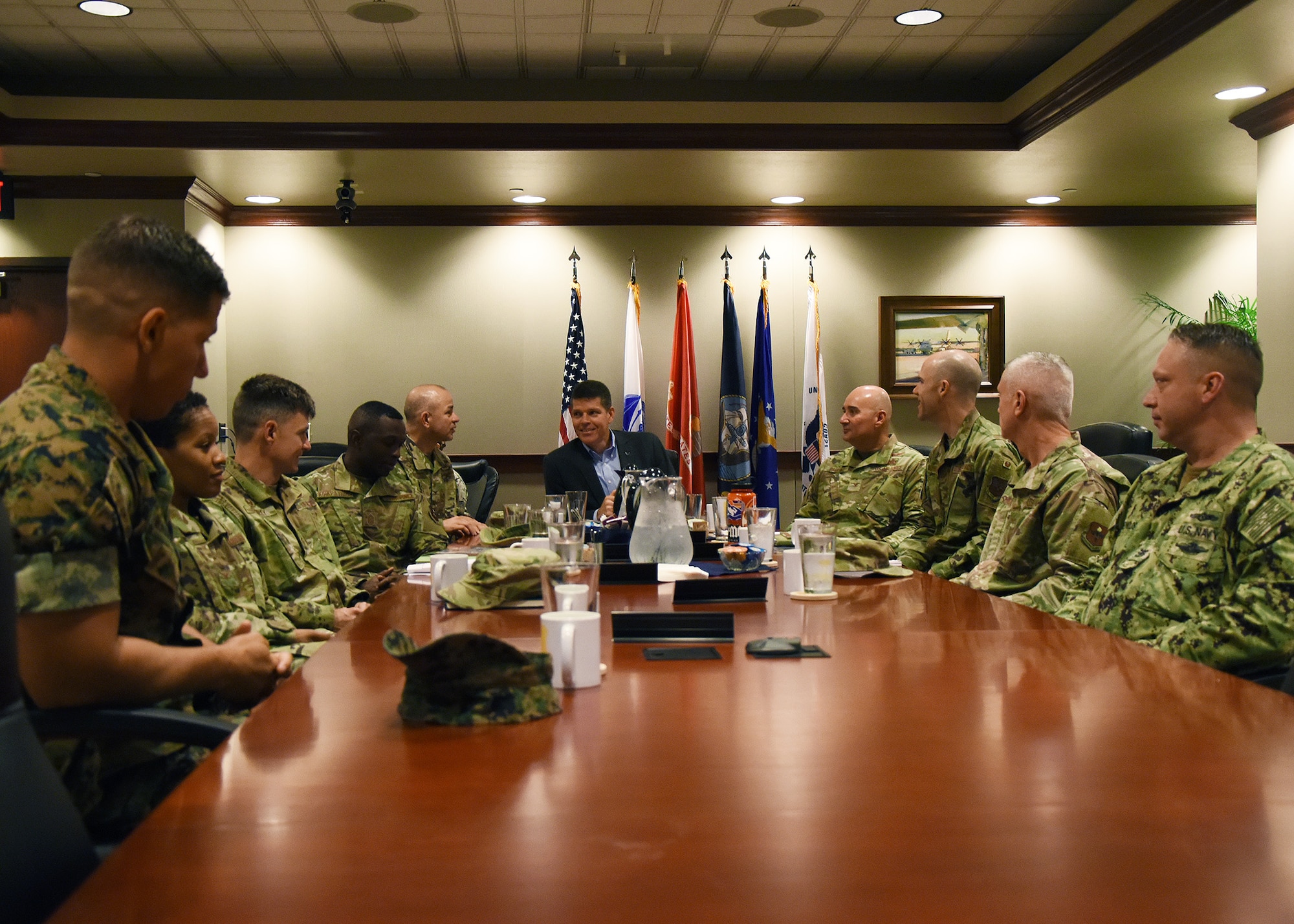 The Honorable John W. Henderson, Assistant Secretary of the Air Force for Installations, Environment and Energy, speaks to base leadership during his visit to Goodfellow Air Force Base, Texas, July 16, 2019. Henderson visited to discuss base infrastructure and the future of intelligence and fire protection training here. (U.S. Air Force photo by Staff Sgt. Chad Warren/Released)