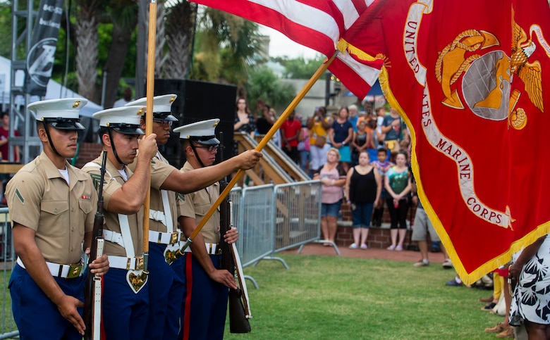 Members of the Marine Corps Recruit Depot Parris Island color guard take part in the opening ceremony of the Beaufort Water Festival in downtown Beaufort, July 12.