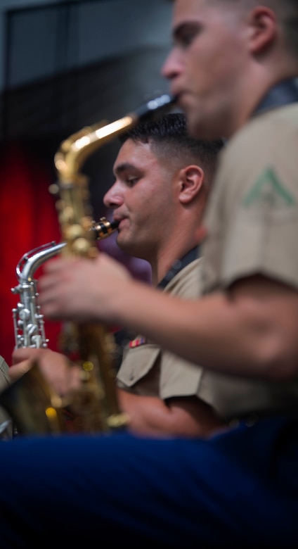 Members of the Parris Island Marine Corps Island Band perform during the opening ceremony of the Beaufort Water Festival, July 12. The Parris Island Marine Band's primary mission is to provide musical support for recruit graduations and other military ceremonies and events.