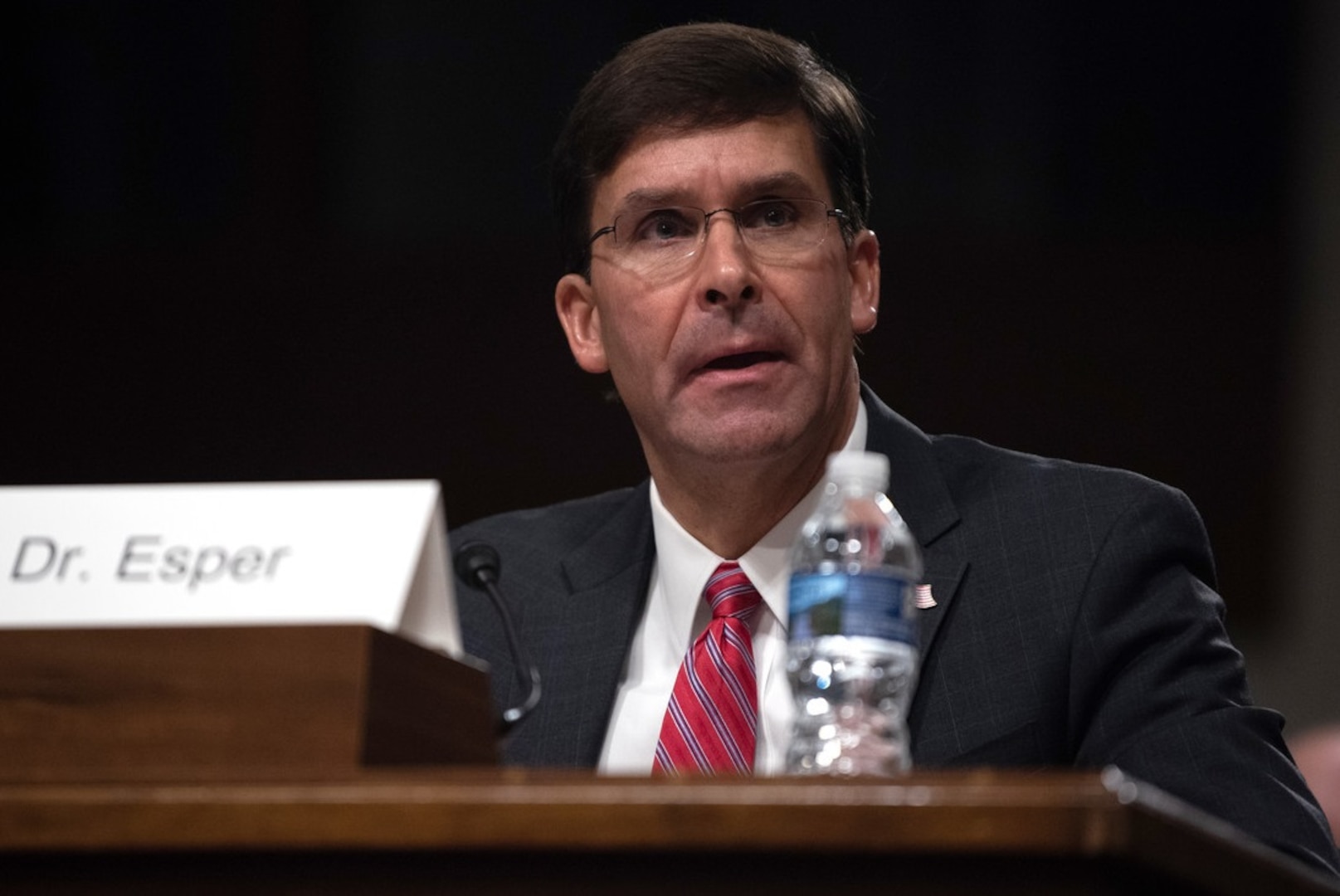 U.S. Secretary of the Army Dr. Mark T. Esper answers questions from members of the Senate Armed Services Committee during his confirmation hearing at the Dirksen Senate Office Building, Washington, D.C., July 16. Esper was nominated for Secretary of Defense by President Donald J. Trump July 15.